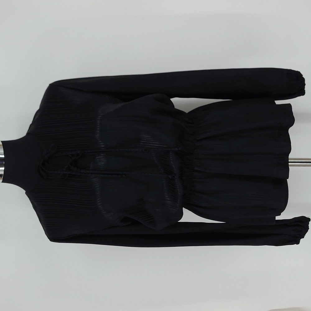 Vintage 70s "Up Top" of California Black Blouse w/Elastic Waist/Tie Neck sz. S-M